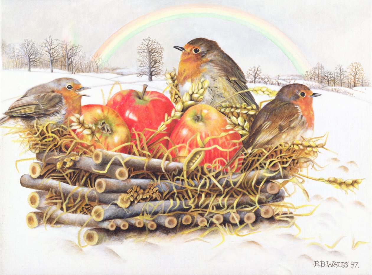 Robins with Apples, 1997 (akryl på lærred) af E.B. Watts