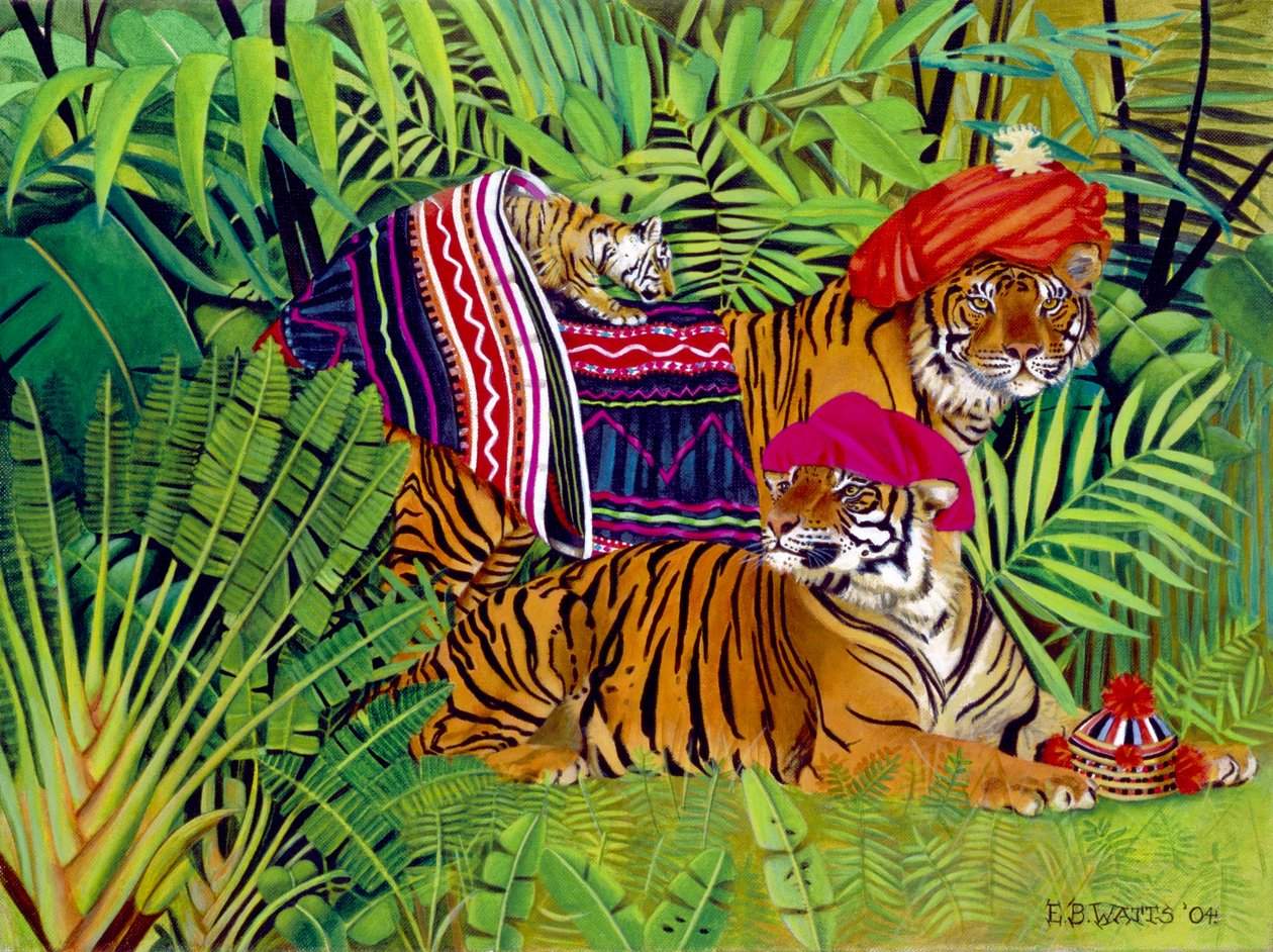 Tigerfamilie med thailandske tøj, 2004 (akryl på lærred) af E.B. Watts
