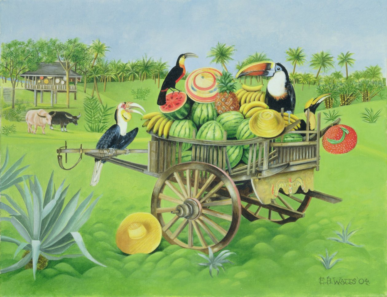 Toucaner og vandmeloner i gammel thailandsk vogn, 2004 (olie på lærred) af E.B. Watts