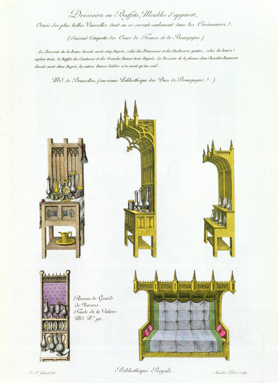 Franske og burgundiske møbler fra det femtende århundrede, fra Monuments Francais, litografi af Amedee Peree, 1839 af E.F. Imbard