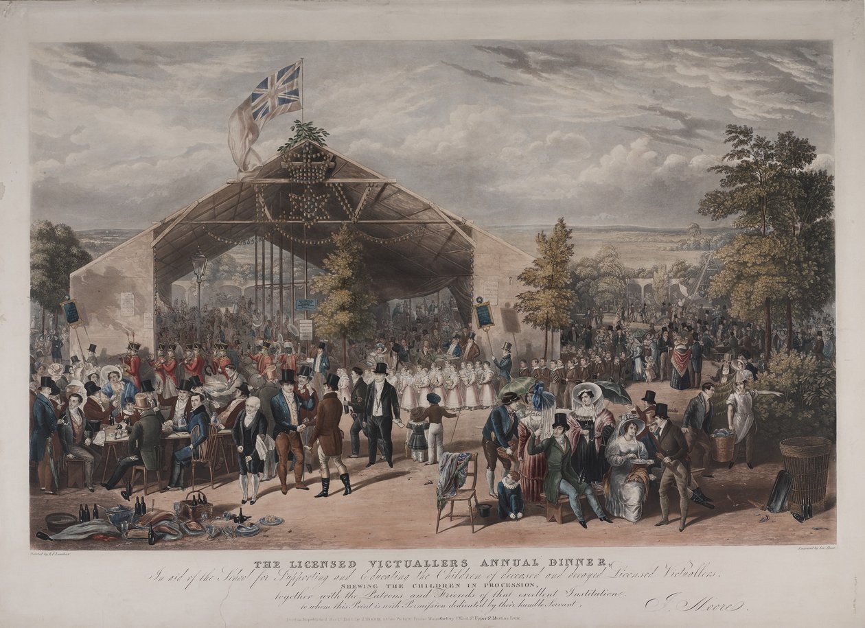 Udsigt over Licensed Victuallers årlige middag på Mermaid Tavern, Hackney, 1866 (akvatint) af E.F. Lambert