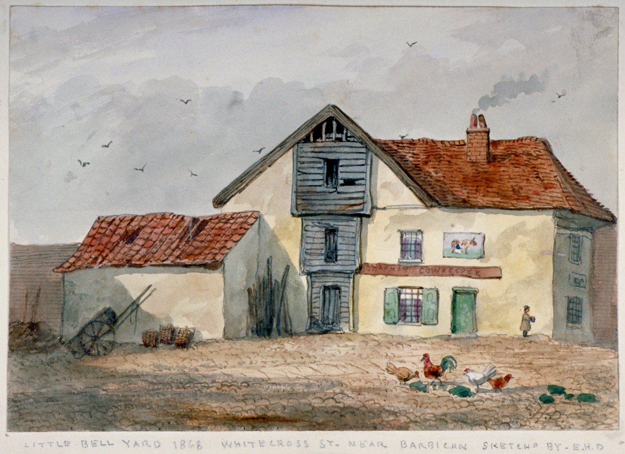 Udsigt over Little Bell Yard, Whitecross Street, med høns i forgrunden, London, 1868 af EH Davies