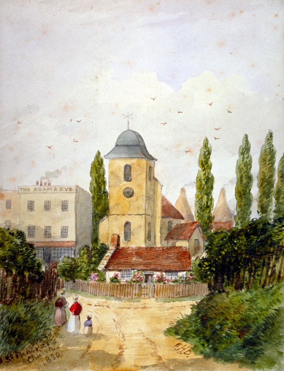 St Pancras Old Church og Adam and Eve Tavern, London, 1830. af EH Dixon