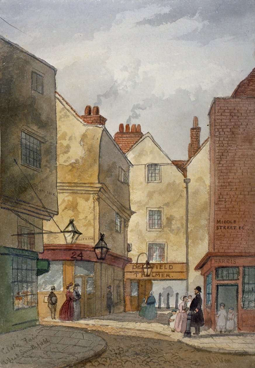 Udsigt over Cloth Fair og Middle Street, West Smithfield, City of London, 1867 af EH Dixon