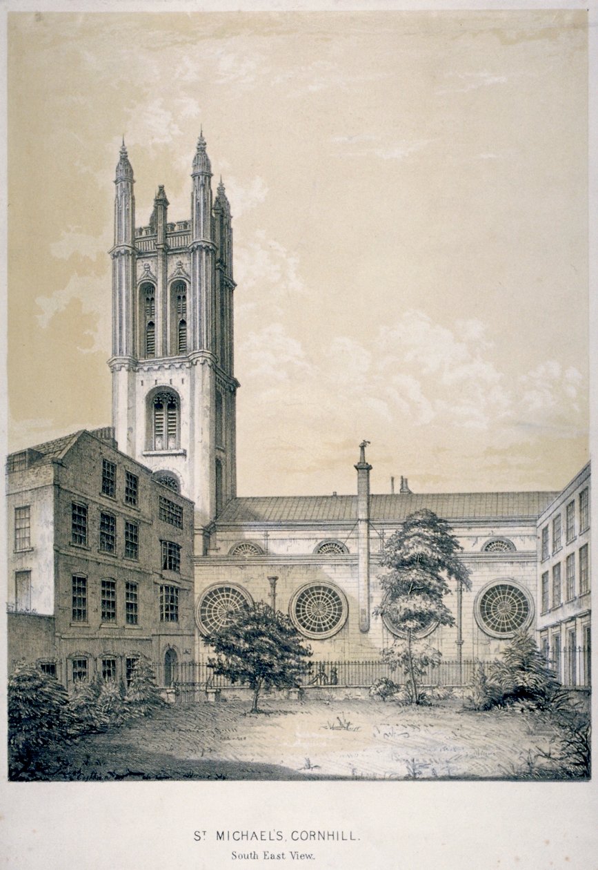 Sydøst udsigt over Church of St Michael, Cornhill, City of London, 1840 af EJ Dickinson