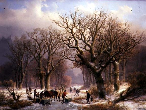 Et vinterlandskab (olie på lærred) af E.J. and Klombeck J.B. Verboeckhoven
