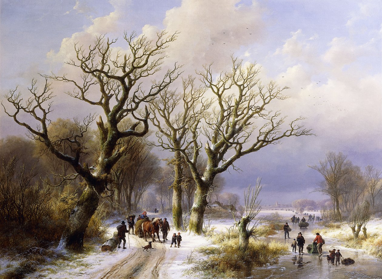 Et skovklædt vinterlandskab med figurer, 1863 af E.J. Verboeckhoven