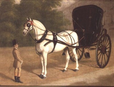 En grå hest og cabriolet med brudgom af E.M. Fox