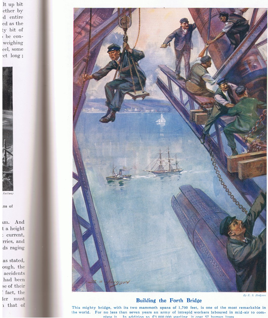 Bygning af Forth Bridge, illustration fra "Wonders of Land and Sea", udgivet af Cassell, London, 1914 af E.S. Hodgson