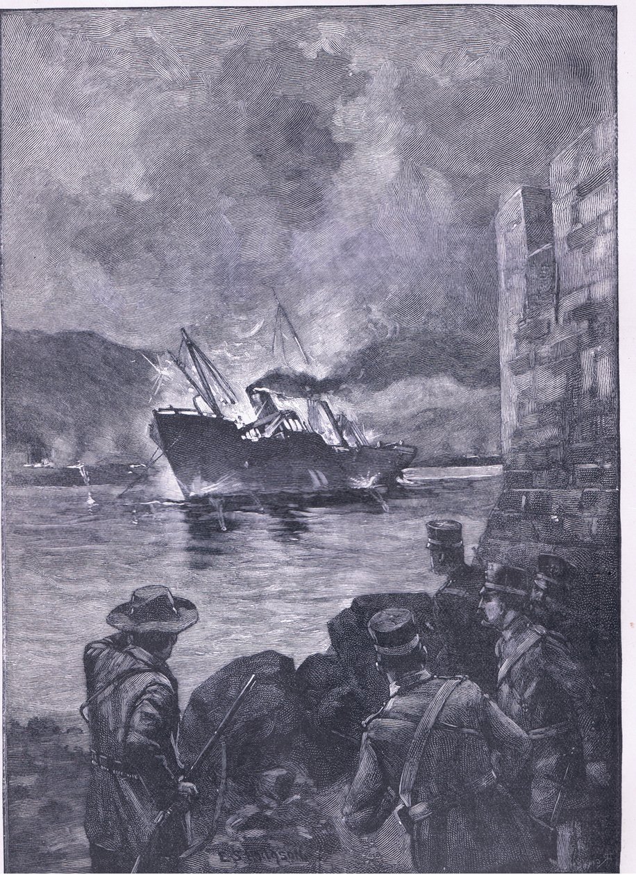 The Spanish American War: The sinking of the Merrimac, illustration fra Cassells History of England, 1900-tallet af E.S. Hodgson