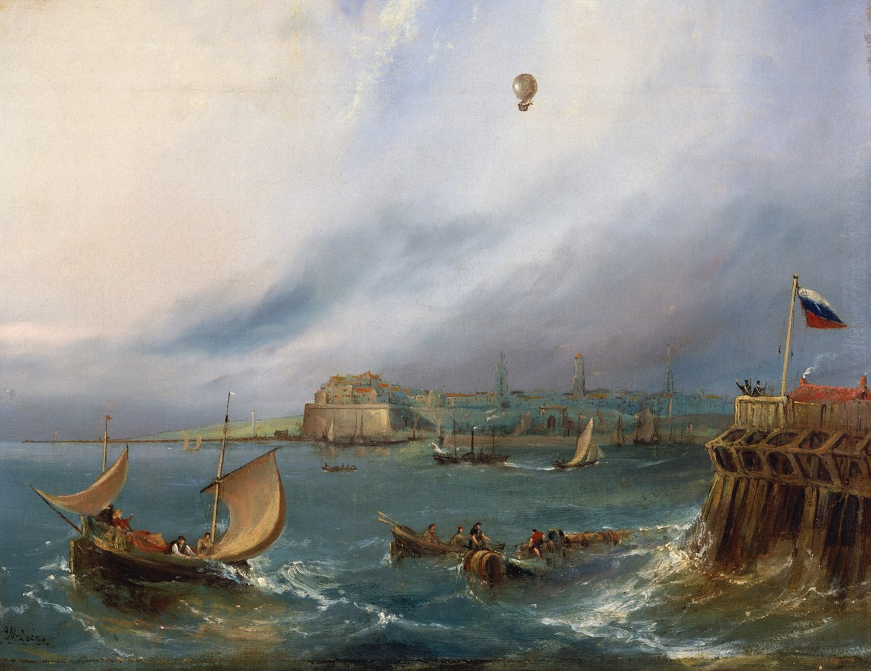 Den første ballonkrydsning af Den Engelske Kanal, 7. januar 1785, ca. 1840 af E.W. Cocks