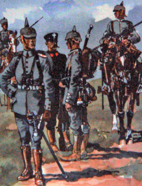 Tyske feltuniformer fra 1914 (farve litho) af E. (after) Dobrich