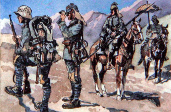Tyske uniformer fra 1917, Makedonsk front (farve litho) af E. (after) Dobrich