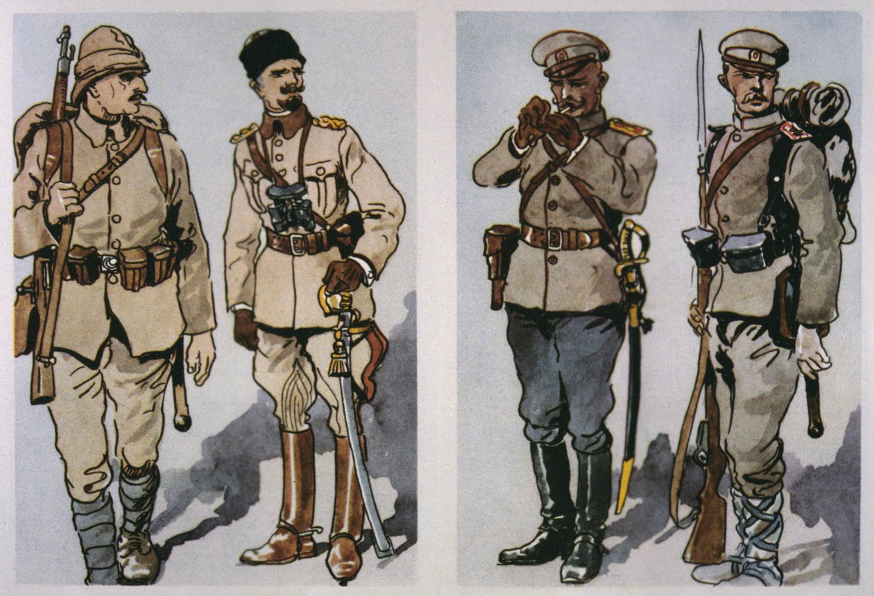Tyrkisk infanterist og officer (til venstre) og bulgarsk infanteriofficer og fodsoldat af 1917 (højre) af 1917 (farve litho) af E. (after) Dobrich