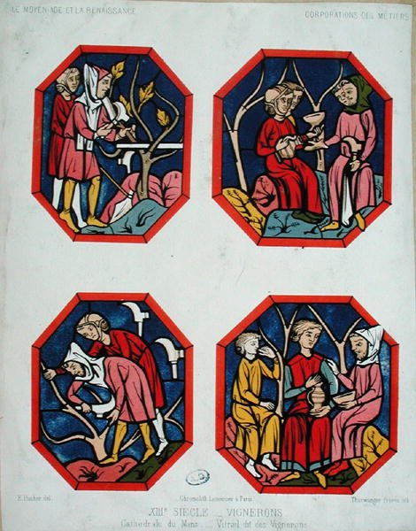 Vinbøndernes vindue, graveret af brødrene Thurwanger, fra et glasmaleri i katedralen i Le Mans (farvelitografi) af E. (after) Hucher