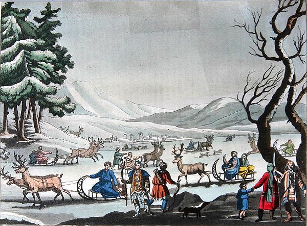 Tungus forlader deres vinterlejr på slæder trukket af rensdyr, ca. 1820 (farvegravering) af E. (after) Karnejeff
