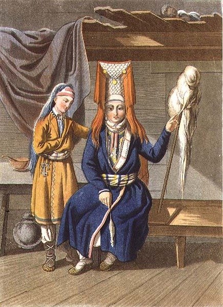 Votyak Women Spinning, indgraveret af Jegor Skotnikoff (1782-1843) (litho) af E. (after) Karnejeff