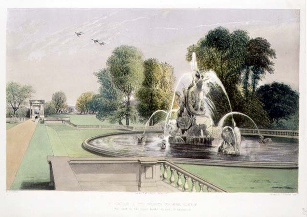 St. George and the Dragon Fountain, Holkham, pub. af Thomas McLean (litho) af E. Adveno Brooke