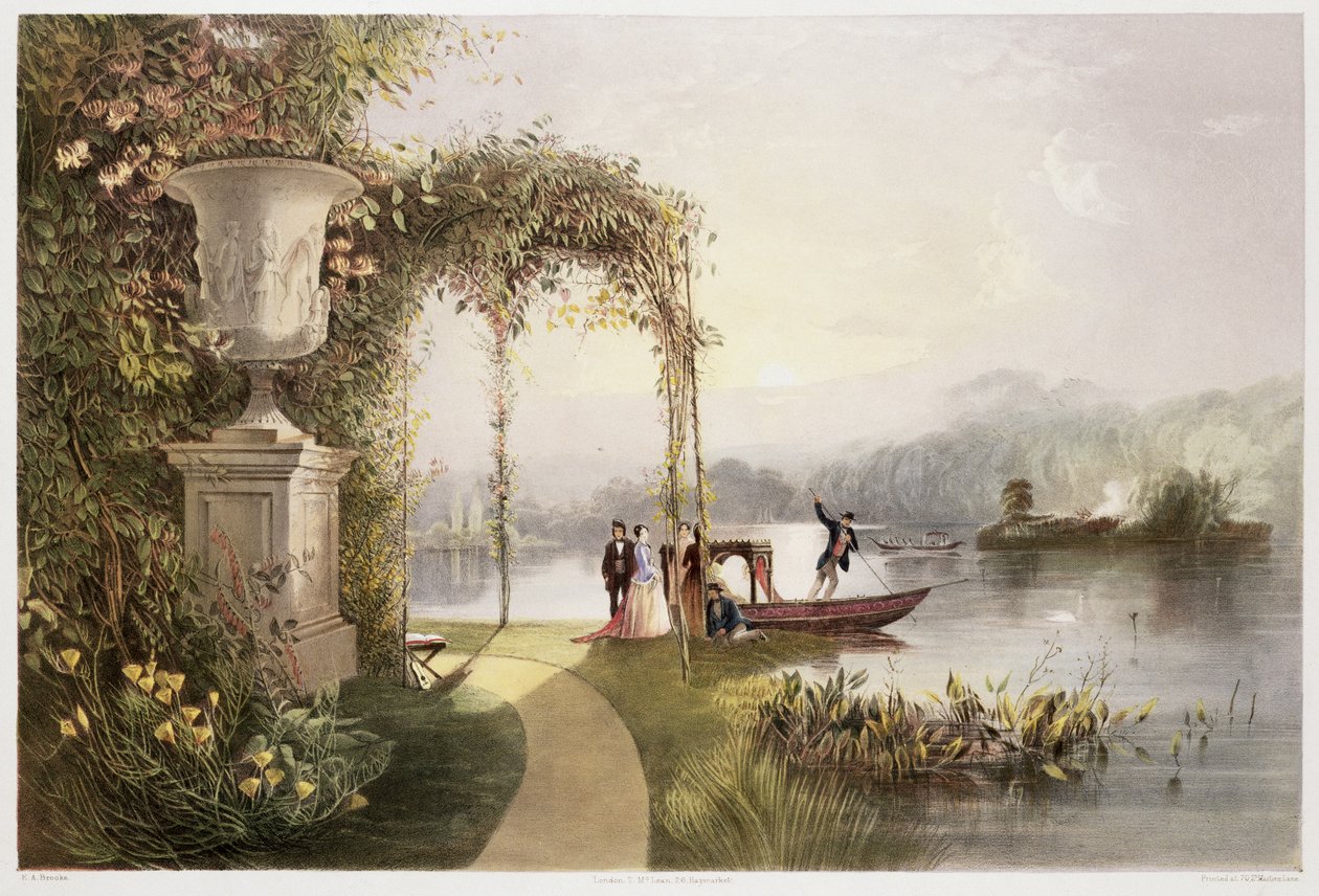Søen, Trentham Hall Gardens, fra "The Gardens of England", udgivet 1857 (chromolitho) af E. Adveno Brooke