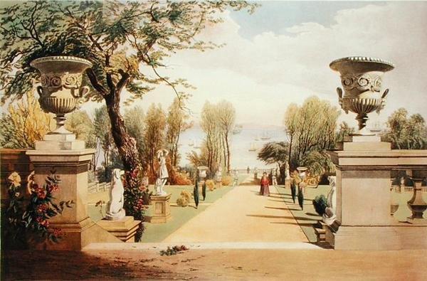 Udsigt i haven, Westfield House, Isle of Wight, fra "Gardens of England", udgivet 1857 (chromolitho) af E. Adveno Brooke