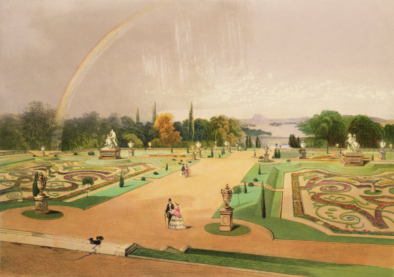 Udsigt i Gardens of Eaton Hall, pub. af Thomas McLean af E. Adveno Brooke