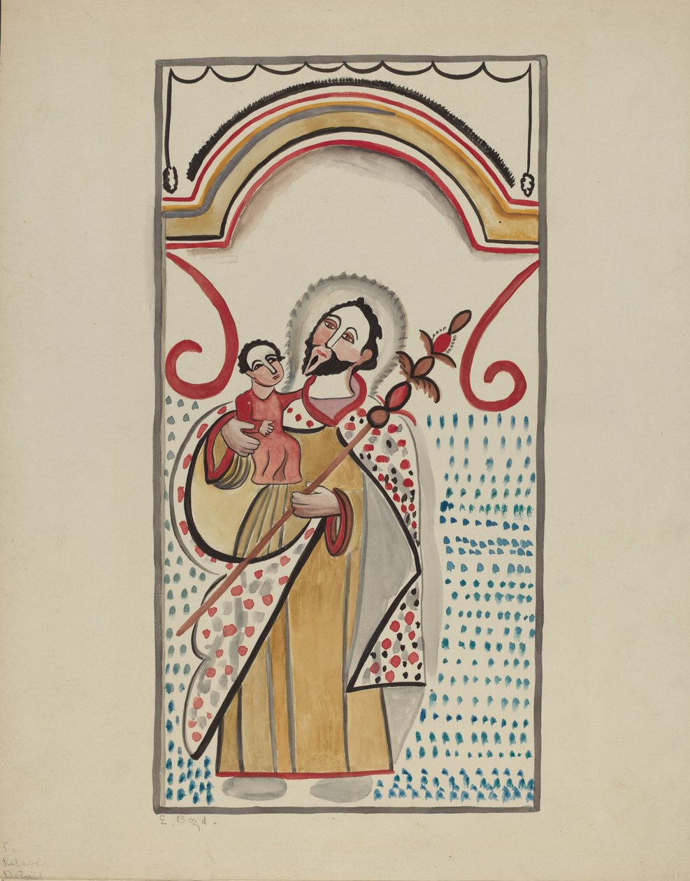 Detalje fra stort alter på østmuren i Sanctuario-kirken i Chimayo. St. Christopher, 19351942. af E. Boyd