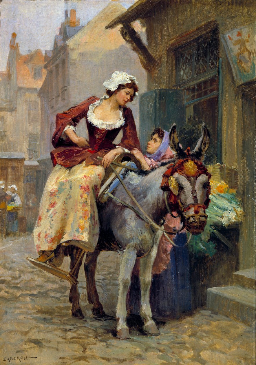 Det lille æsel. En kvinde, der rider på en amazone på et æsel, med fødderne i en passende rille. Maleri af E. Dameron (1700-tallet) Privat samling af E. Dameron