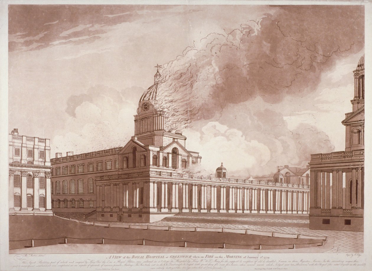 Udsigt til branden på Greenwich Hospital, London, om morgenen den 2. januar 1779 af E Edye