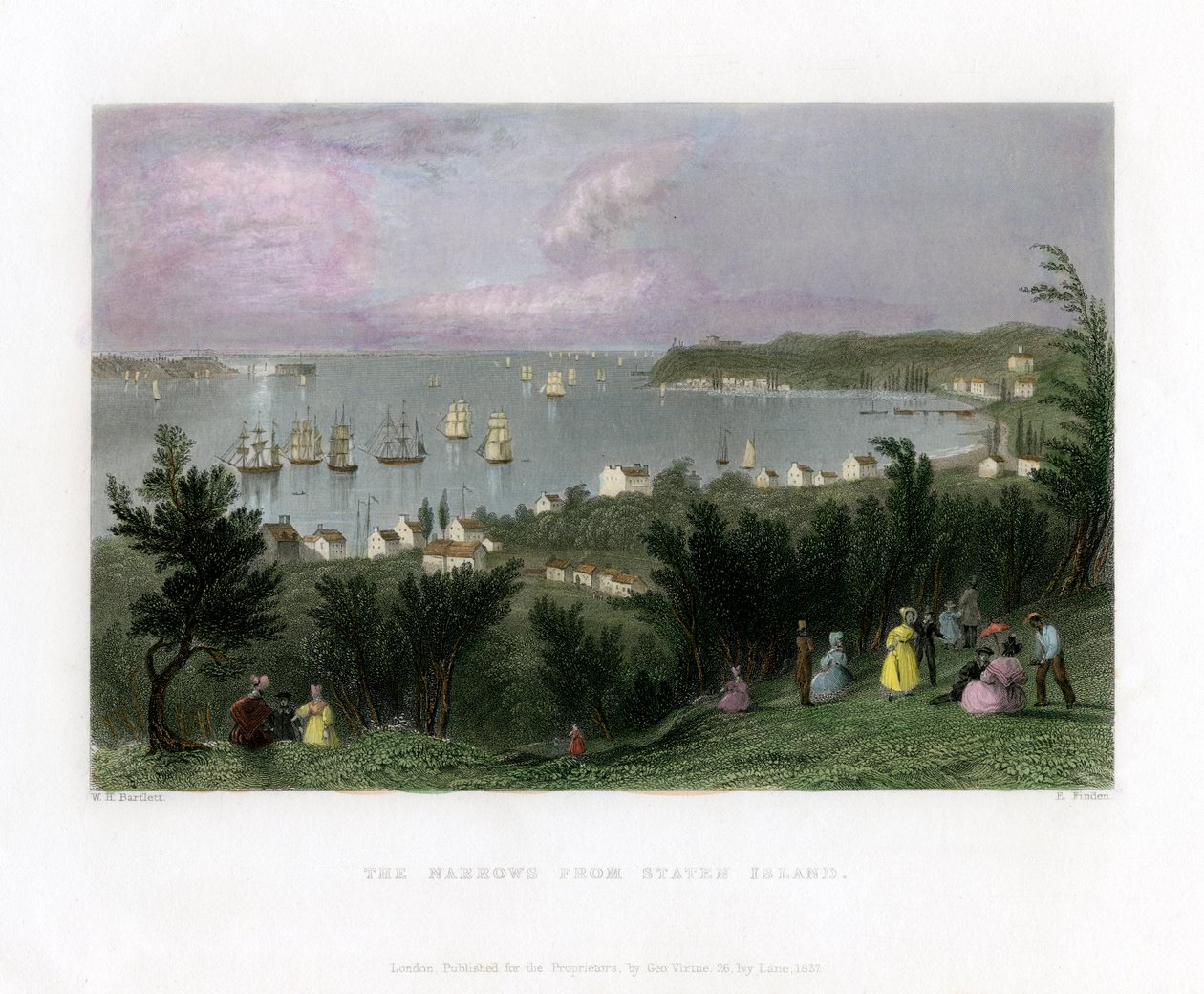 The Narrows set fra Staten Island, New York, USA, 1837. af E. Finden