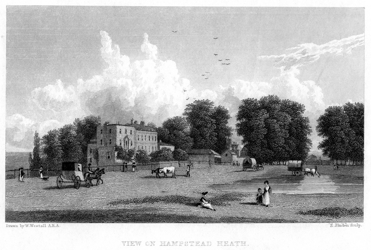 Udsigt over Hampstead Heath, London, 1800-tallet. af E. Finden