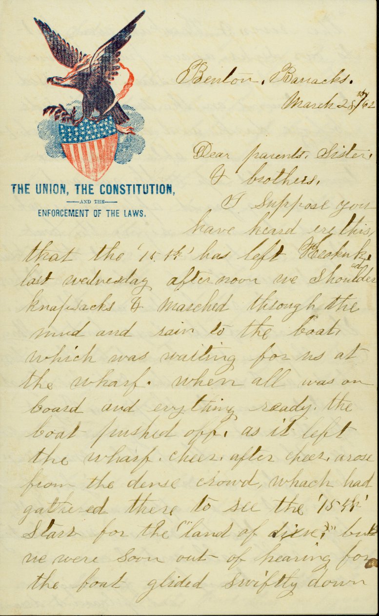 Brev signeret E.G. Black, Benton Barracks, Mo., til hans forældre, søster og brødre, 28. marts 1862 af E. G. Black