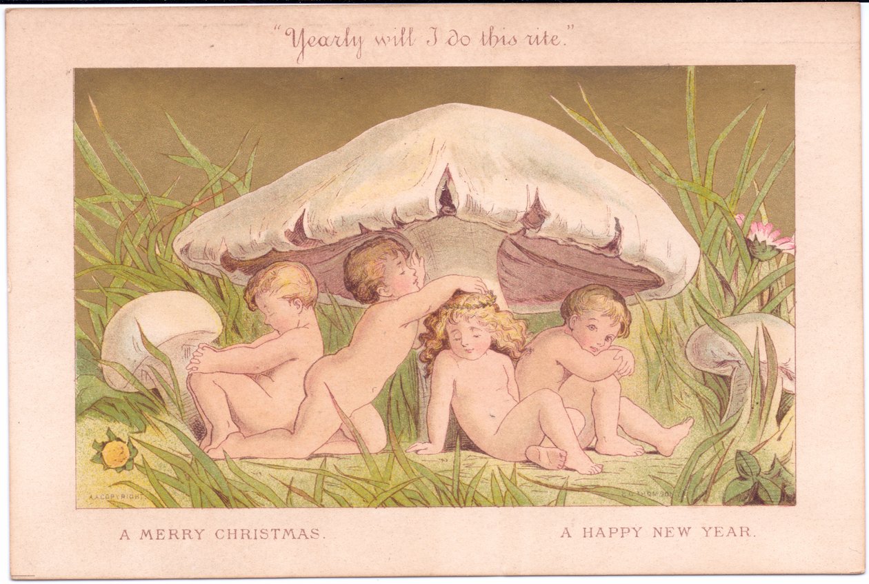 Et victoriansk jule- og nytårskort af en gruppe febørn, der slapper af under en svamp, alt sammen mod en guldbaggrund, af Gertrude Thompson, ca. 1895 (farve litho) af E. Gertrude Thompson