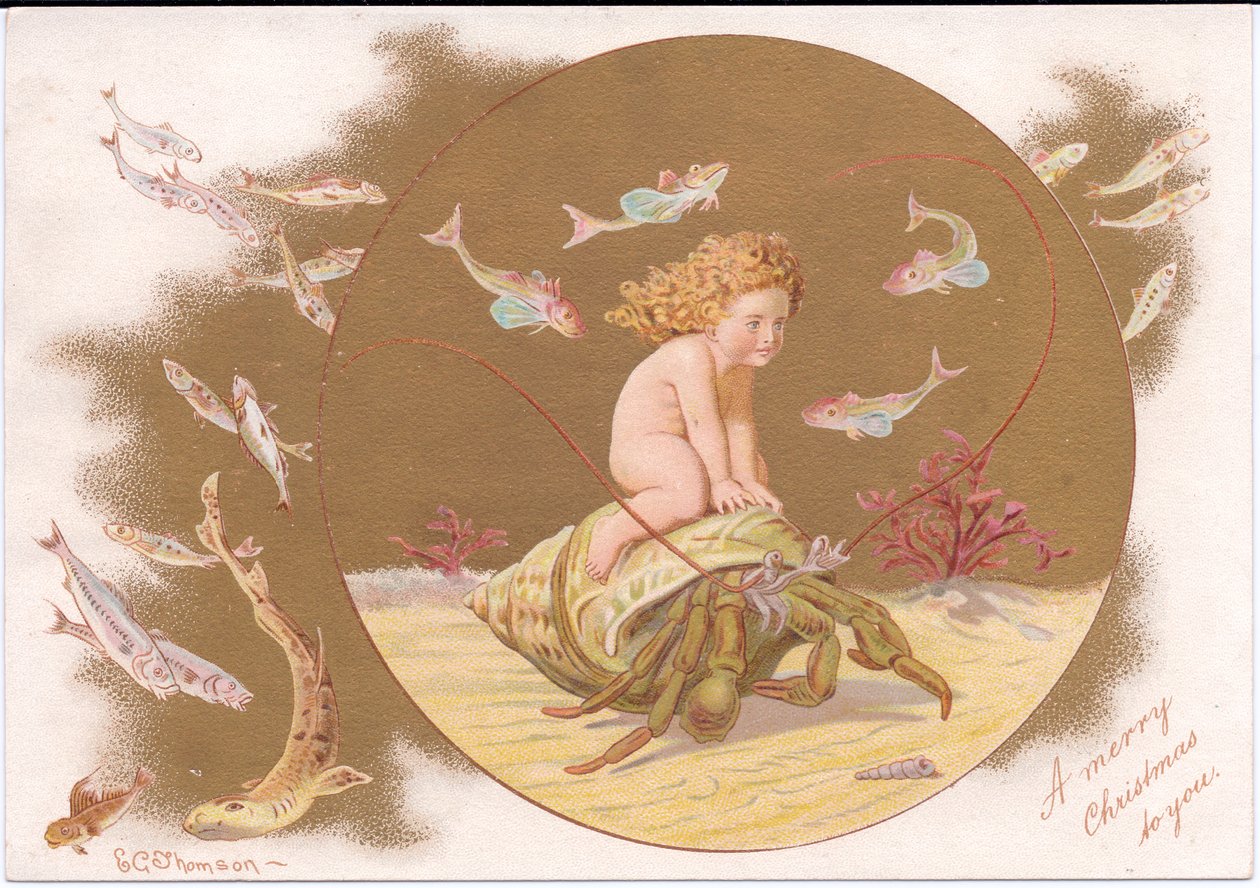 Et victoriansk julekort af en eremitkrabbe i en skal, der bliver redet af en vandmasse omgivet af en stime af fisk, af Gertrude Thompson, ca. 1895 (farve litho) af E. Gertrude Thompson