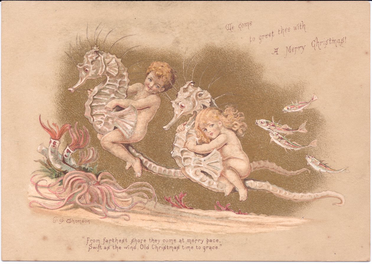 Et victoriansk julekort med to vandbabyer, der rider på en søhest med søanemoner og en stime af fisk, af Gertude Thompson, ca. 1895 (farve litho) af E. Gertrude Thompson