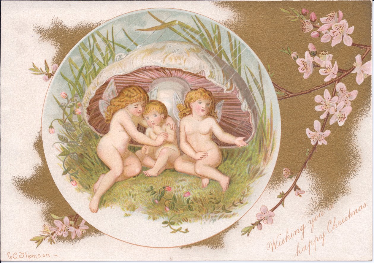 En victoriansk jul af en gruppe feer, der tager ly for regnen under en paddehat, af Gertrude Thompson, ca. 1895 (farve litho) af E. Gertrude Thompson