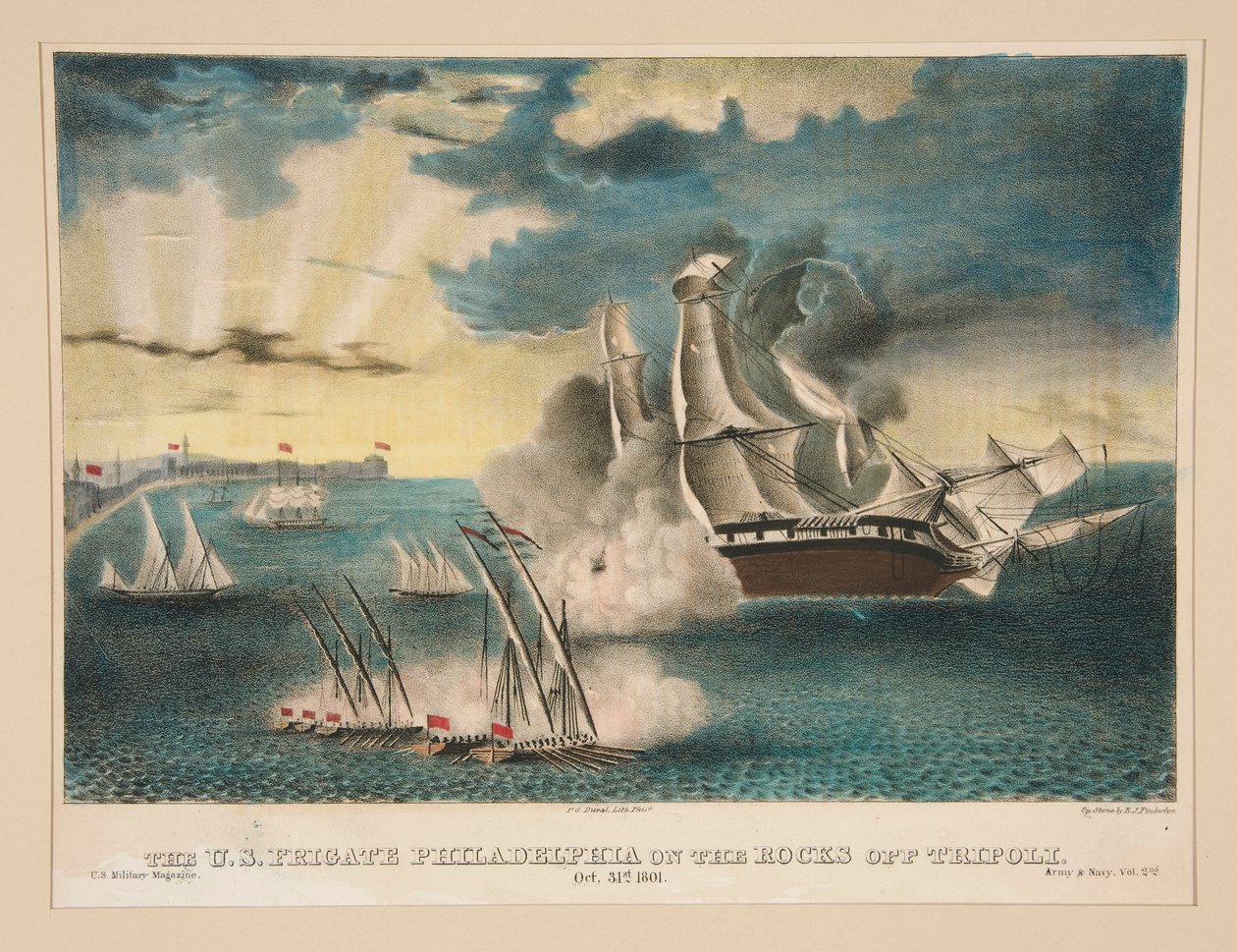 Den amerikanske fregat Philadelphia på klipperne ud for Tripoli (Fra U.S. Military Magazine Army and Navy, bind II) af E. J. Pinkerton
