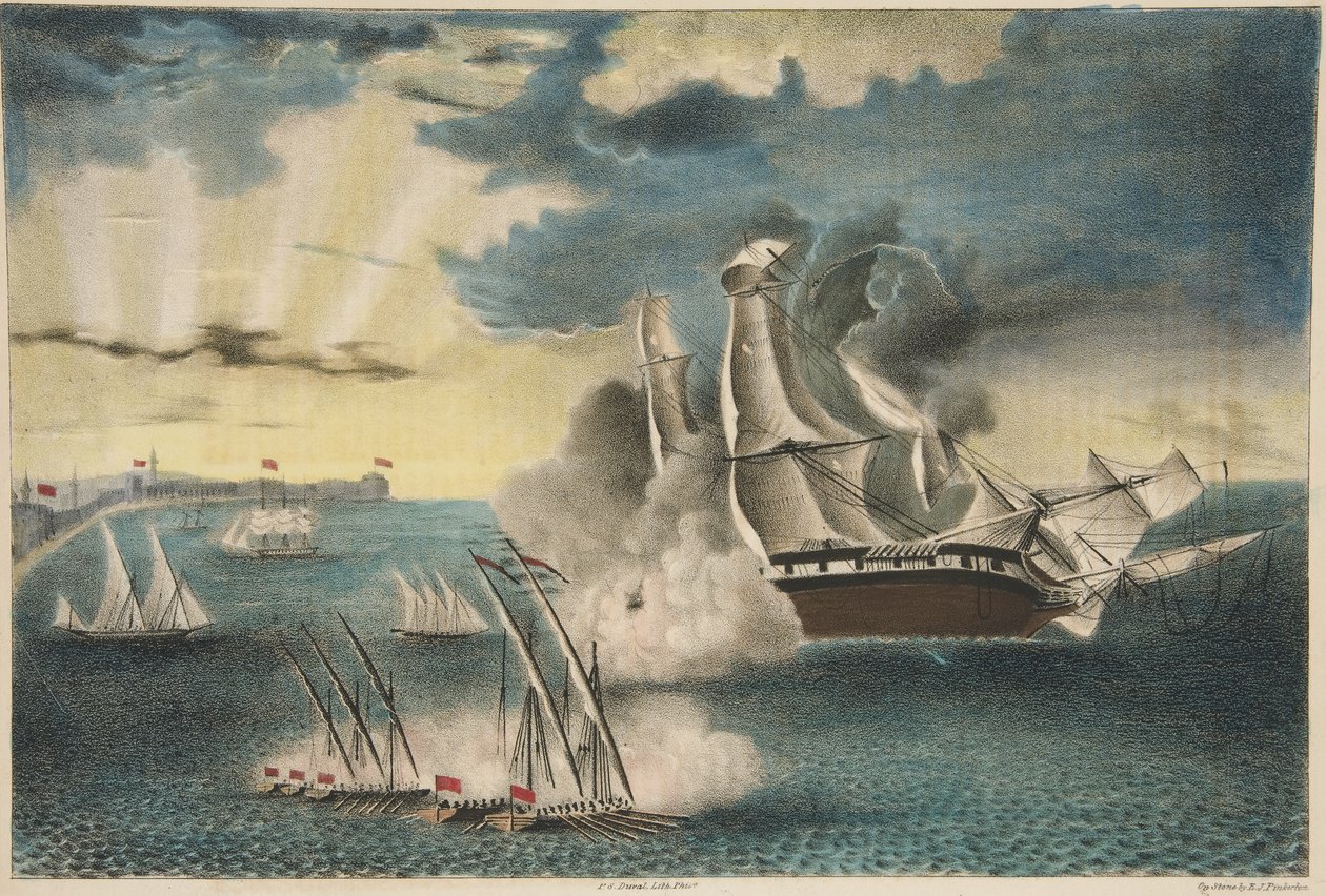 Den amerikanske fregat Philadelphia på klipperne ud for Tripoli fra Army and Navy Magazine, pub. 1840 (farvelitografi) af E. J. Pinkerton