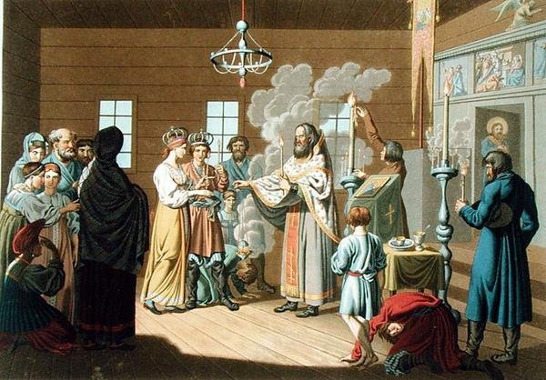 Det russiske ægteskab, graveret af X. Wagner (farve litho) af E. Karnejeff