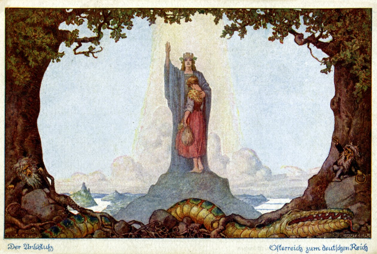 Historie. Unionen af Østrig og Tyskland. Allegori af E. Kutzer, Østrig, ca. 1920 (postkort) af E. Kutzer