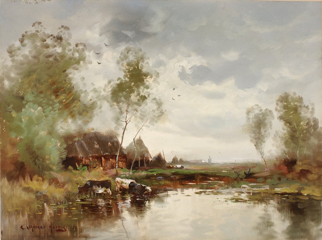 Landskab med vindmølle af E. Landseer Harris