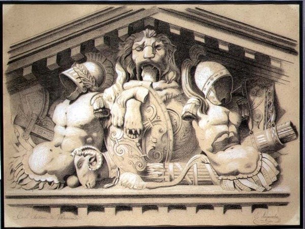 Et skulpturelt fronton i Louvre (kul med hvidt kridt på papir) af E. Laquerbe