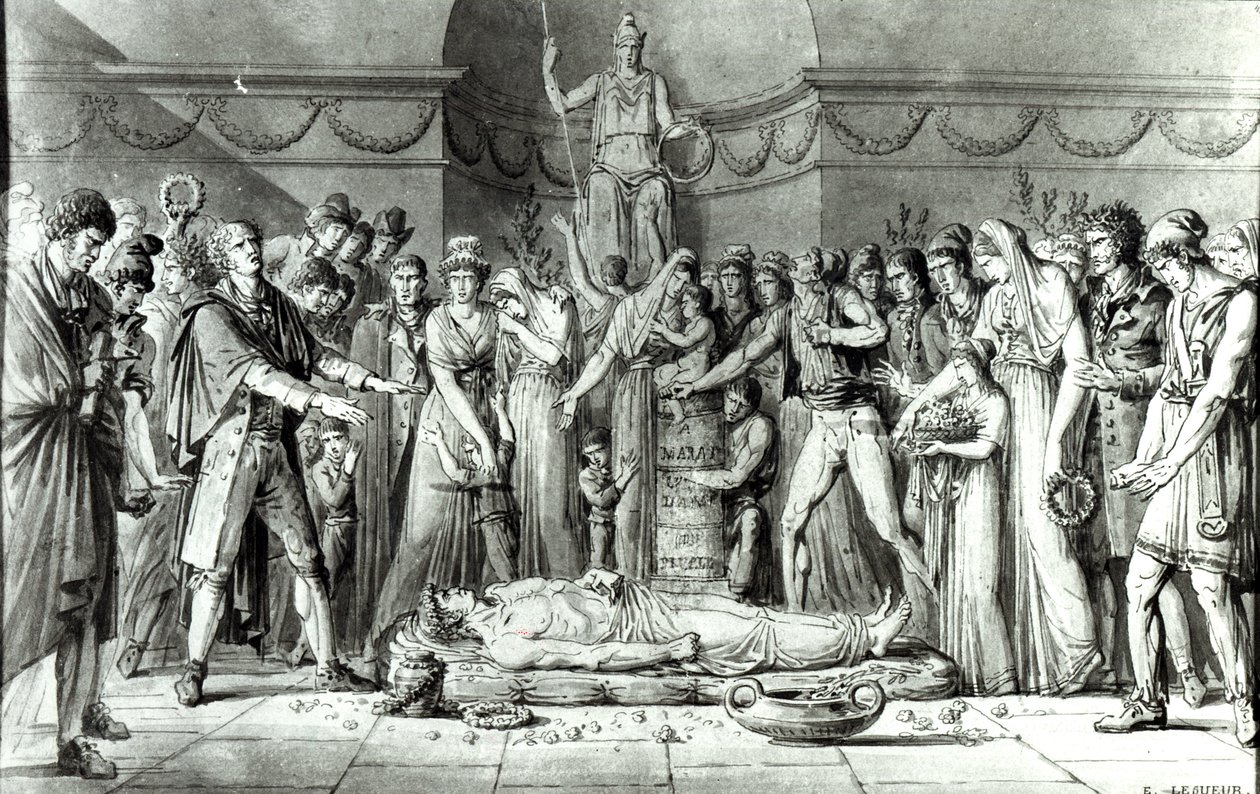 Jean Paul Marats begravelse (1743-93) i kapellet i Club des Cordeliers, 16. juli 1793, ca. 1793 (pen og blæk på papir) (bw foto) af E. Le Sueur