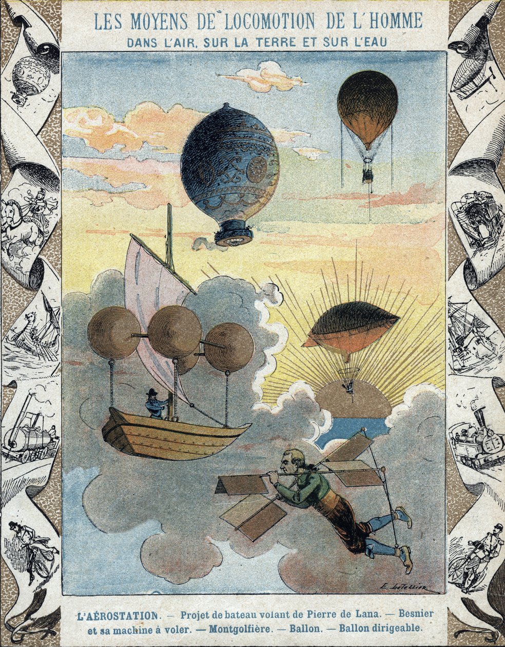 Aerostation - Flyvebådsprojekt af Pierre de Lana - Flyvende fly af Besnier (1678) - Ballon - Ballon - Luftskibsballon - illustration af E Letellier - Beskyt historisk notesbog, slutningen af 1800-tallet af E. Letellier
