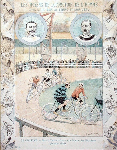 Charles Terront (1857-1932) og Jules Corre på Galerie des Machines i februar 1893, fra en skolebog (farve litho) af E. Letellier
