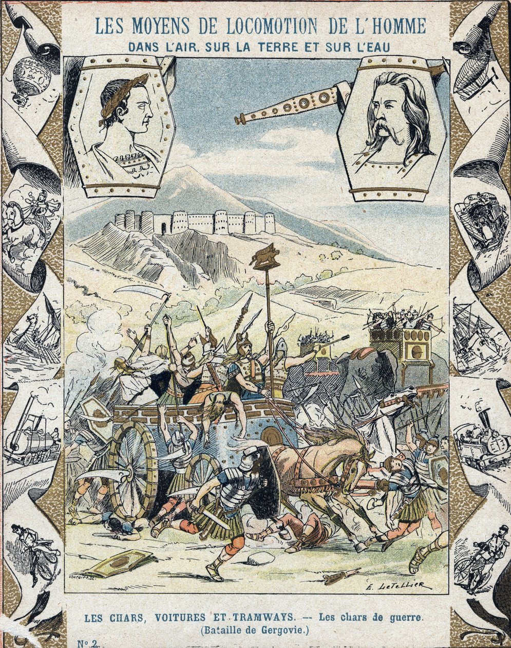 Galliske krigsvogne i slaget ved Gergovia - Fra et beskyttende hylster til skolebøger, slutningen af det 19. århundrede - Tanks de guerre a faux - Vercingetorix a la battle de Gergovia (52 f.Kr.) under gallernes krig - illustration af E Letellier - Protege af E. Letellier