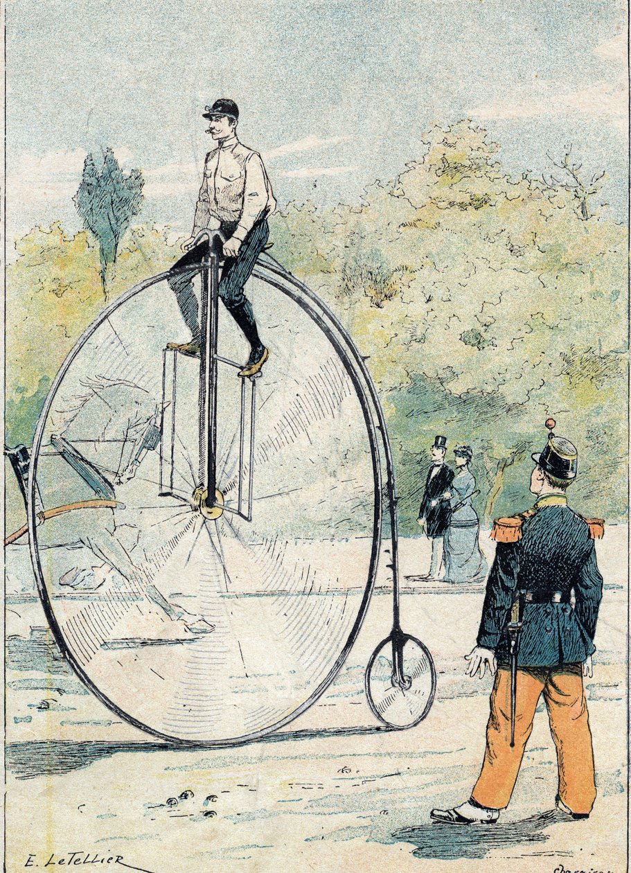 Grand bi (Grand-Bi) med forhjulsdiameter større end 1,50 m - Fra et beskyttelseshylster til skolebøger, slutningen af det 19. århundrede - illustration af E. Letellier - Protege notesbog historisk, slutningen af 1800-tallet - af E. Letellier