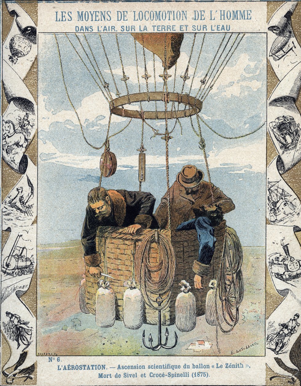 Journalisten Joseph Eustache Croce Spinelli (1845-1875), søofficeren Henri Theodore Sivel (1834-1875) og den franske forfatter og videnskabsmand Gaston Tissandier (1843-1899) ses i kurven med ballonen Zenith efter at have mistet bevidstheden på grund af ma af E. Letellier