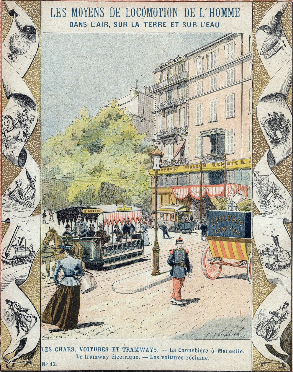 La Canebiere i Marseille - den elektriske sporvogn - bilerne genvinder - illustration af E Letellier - Beskyt historisk notesbog, slutningen af 1800-tallet af E. Letellier