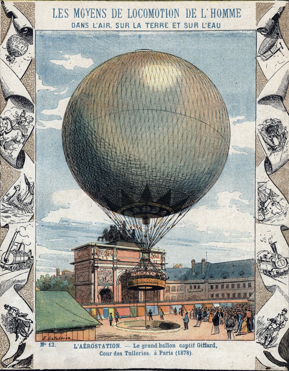 Drift af oppustning og udstyr af Henry Giffards ballon i fangenskab til Tuilerierne i Paris 1878 - Fra et beskyttende hylster til skolebøger, slutningen af det 19. århundrede - illustration af E Letellier - udstilling universelle de 1878 i Paris: inflation af E. Letellier