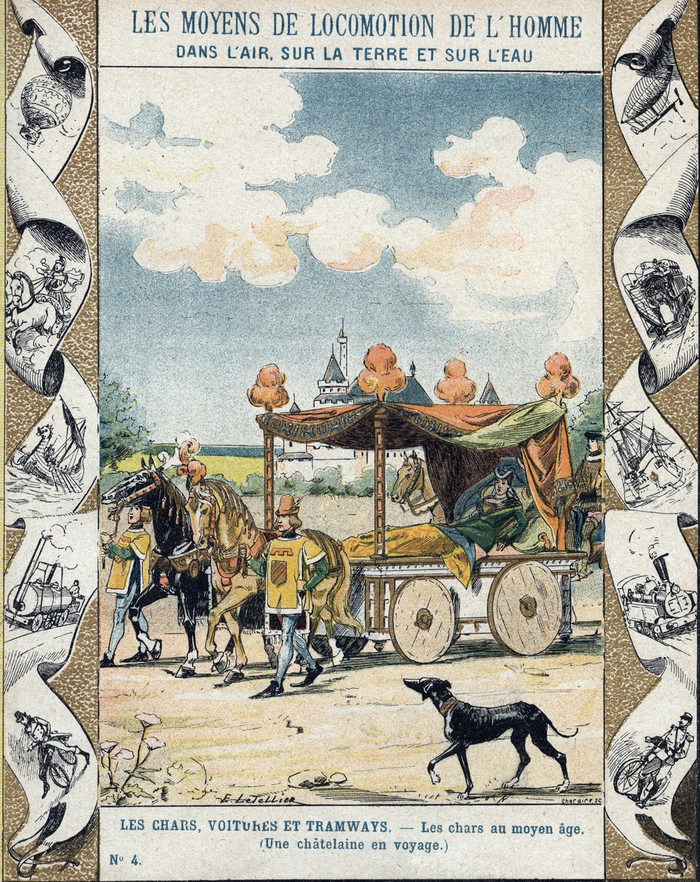 Tanks i middelalderen - A Chatelaine en voyage - illustration af E Letellier - Beskytter historisk notesbog, slutningen af det 19. århundrede af E. Letellier